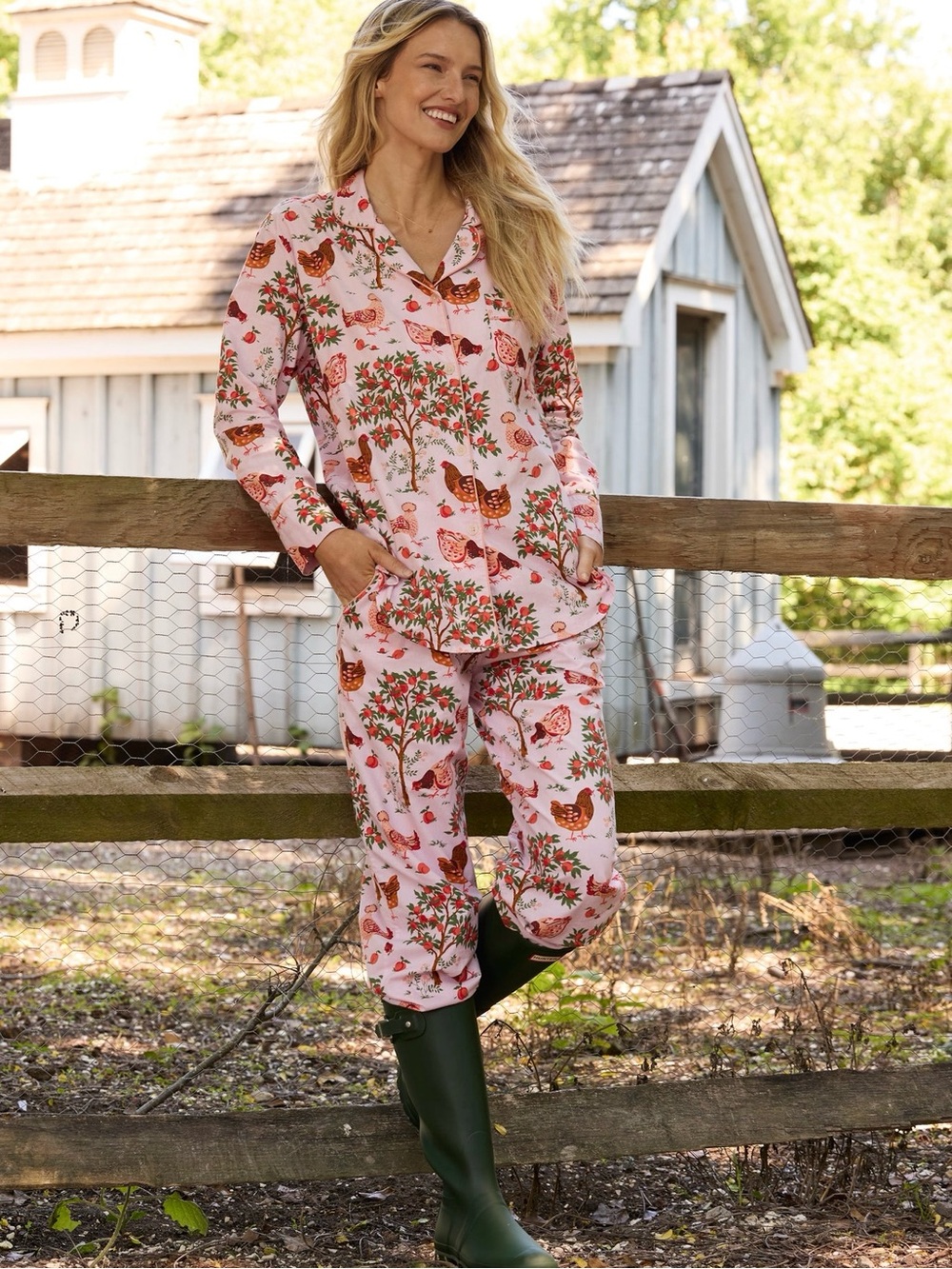 Printfresh | Peach & Chicken Print PJ Set in Hen House ~ XS Petite